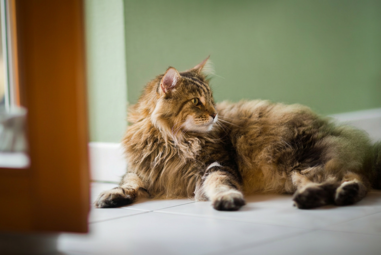 Maine Coon kat ligger afslappet indendørs